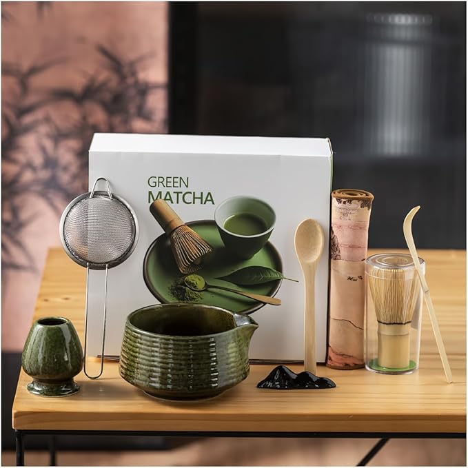 8 Pcs Matcha Whisk Set, Ceramic Matcha Whisk Holder, Ceramic Bowl with Spout, Matcha Ceremony Accessory, Home Kitchen Decor Tea Gifts for Birthdays, Halloween and Christmas (Dark Green)