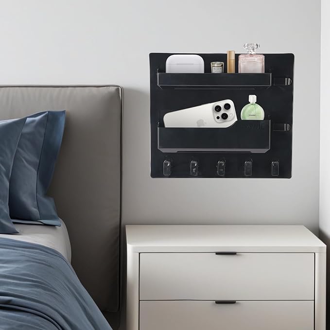 Bedside Shelf Wall Mount, Adhesive Bedside Shelf Accessories Organizer with Hooks and Cable Clips,Dorm Bedside Wall Storage for Phone, Remote, Earphone, Kindle,Plastic (5 Hooks Style-Black)
