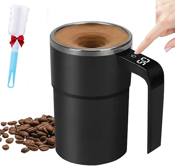 Electric Coffee Mug with a Built-in LCD Thermometer, Electric Self Stirring Coffee Mug Mixer for Desk, Automatic Magnetic Rechargeable Warmer, Travel Cup with Lid for Milk, Cocoa (Black)