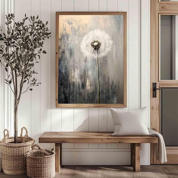 Dandelion Picture Gray White Wall Art Abstract Flower Canvas White Flower Painting Farmhouse Floral Picture Gray Gold Painting Rustic Floral Prints Black Gold Pictures Room Decor 16x24inch No Frame