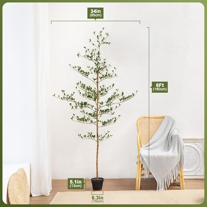 Artificial Black Olive Tree 6FT Indoor Outdoor Decor Faux Plants - Real Wood Trunk Fake Tree with Green UV Resistant Leaves - Tall Floor Plant for Modern Home Office Living Room Decoration