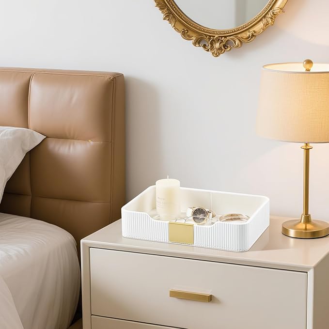 Valet Tray Desktop Storage Organizer, PU Leather Catchall Bedside Vanity Tray with Brass Accents Block Nightstand Organizer for Keys Watch Wallet Phone, Decorative Nightstand Storage (White)