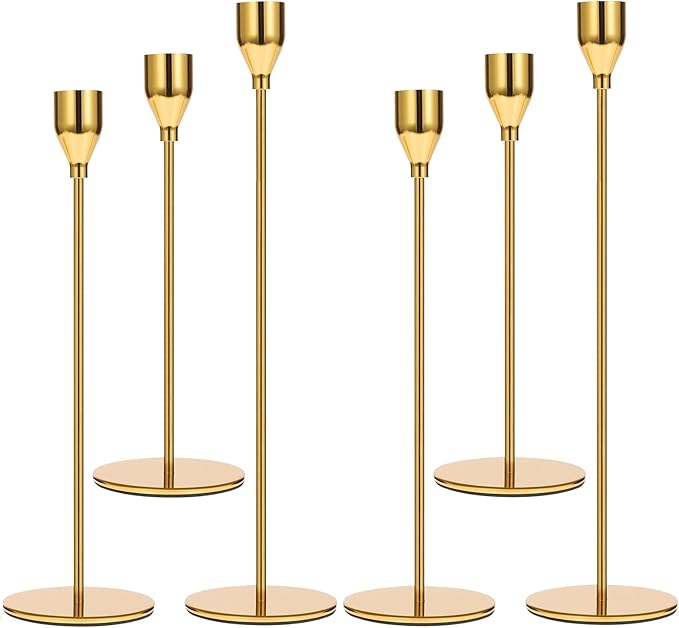 Set of 6 Gold Candlestick Holders Taper Candle Holders Candle Holders Decorative Candlestick Holder for Home Decor, Wedding, Dinning, Party, Anniversary (Bright Gold)