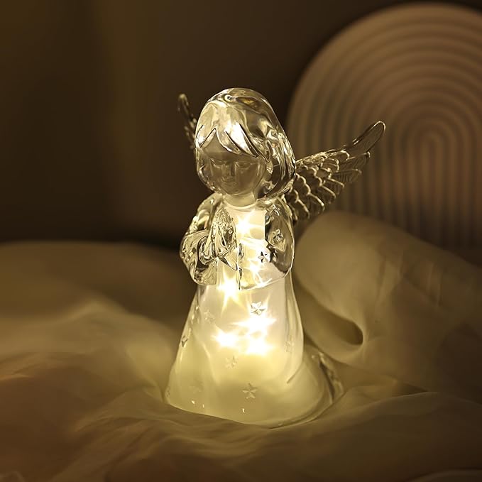 Acrylic Clear Guardian Angel Figurines with LED Light, Crystal Glass Finish Angel Statue, Large Christmas Angels Gifts for Women, Healing Angels Figurines Decorations(Praying)