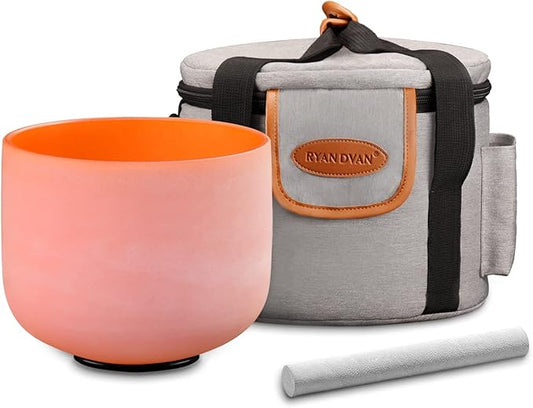 RYAN DVAN 8” D Note Orange Frosted Sacral Chakra Crystal Singing Bowl with Free Heavy-Duty Carrying Case and Suede Striker O-Ring