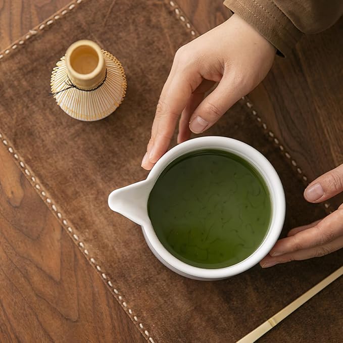 8 Pcs Matcha Whisk Set, Ceramic Matcha Whisk Holder, Ceramic Bowl with Spout, Matcha Ceremony Accessory, Home Kitchen Decor Tea Gifts for Birthdays, Halloween and Christmas (White)