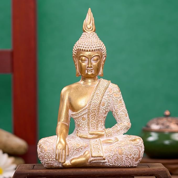 Golden Resin Buddha Statue for Zen Home Decor, Meditation & Yoga - 7.87 Inch Serene Spiritual Art Piece, for Office Altar Collection to Enhance Focus & Mindfulness