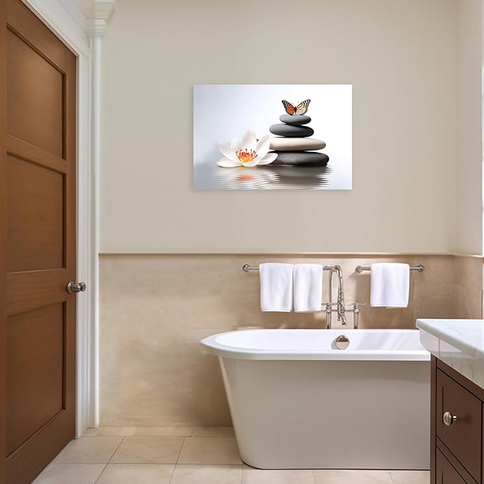 ARTZGX Zen Canvas Wall Art Spa Pictures Wall Decor Flower Zen Stones Butterfly Painting Print for Bathroom Yoga Decor Frame(Zen Flower - A 16.00" x 24.00")