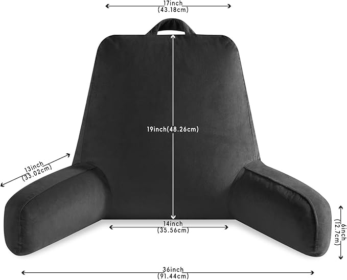 Reading Pillow for Sitting in Bed Adult, Reading Pillow with Shredded Memory Foam, Back Pillow for Bed Sitting Up with Extend Arms, Pockets, Pillow with Washable Cover,Black, X-Large