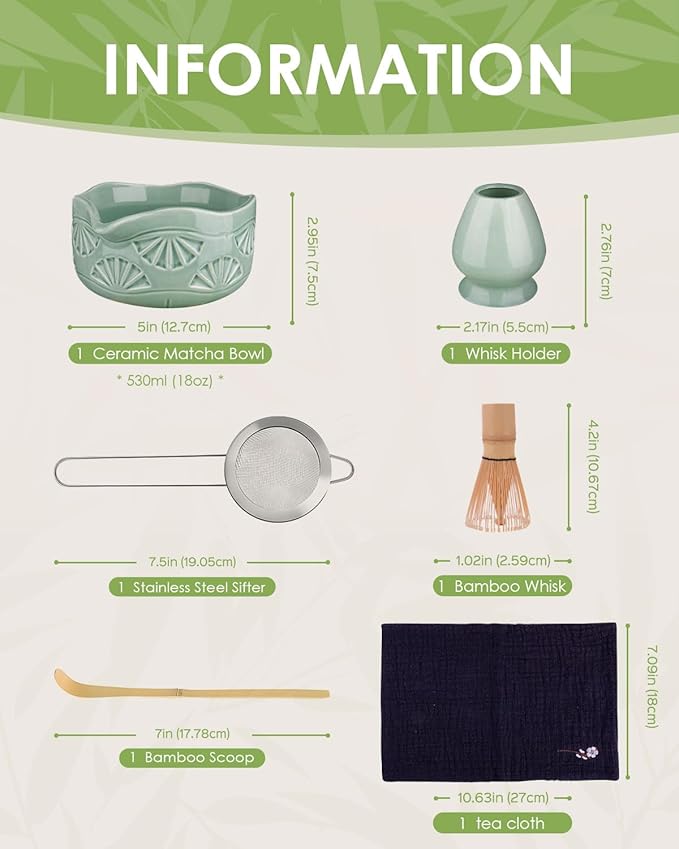 Matcha Whisk Set, Ceramic Matcha Set Includes Matcha Bowl with Spout, Matcha Whisk and Holder, Bamboo Scoop, Sifter and Tea Towel - 6 Pcs Matcha Kit Gift for Matcha Lovers (Green)