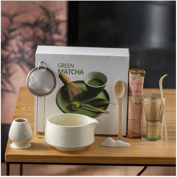 8 Pcs Matcha Whisk Set, Ceramic Matcha Whisk Holder, Ceramic Bowl with Spout, Matcha Ceremony Accessory, Home Kitchen Decor Tea Gifts for Birthdays, Halloween and Christmas (Black)