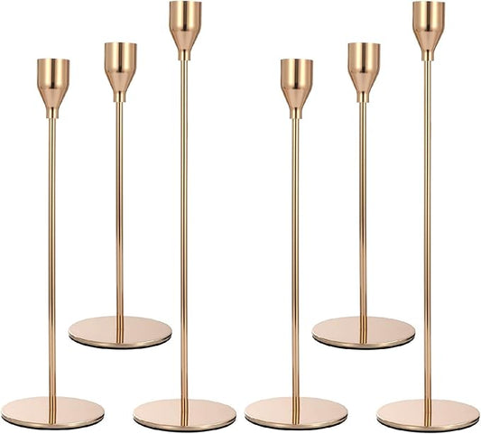 Set of 6 Pink Gold Candlestick Holders Pink Gold Candle Holder Taper Candle Holders Candle Holders Decorative Candlestick Holder for Home Decor, Wedding, Dinning, Party, Anniversary (Gold)