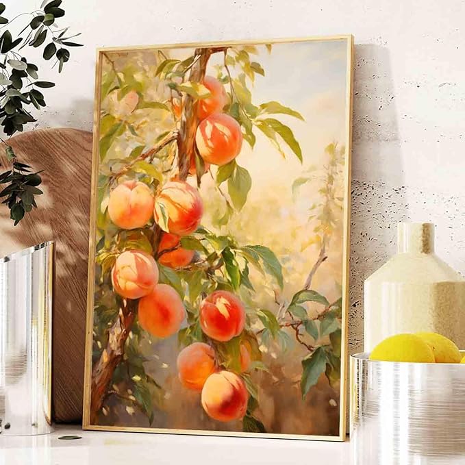 Mostemauo Peach Wall Art Still Life Fruit Painting Summer Wall Art Fruit Market Print Vintage Painting Abstract Botanical Picture Aesthetic Modern Kitchen Living Room Decor 16x24inch No Frame