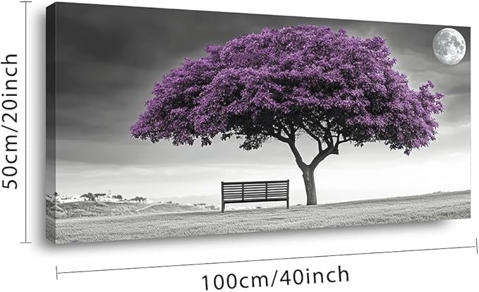 ZESTRILIA Country Purple Tree Wall Art for Living Room Office Violet Gray Moon Canvas Painting Prints Artwork Dining Bedroom Decor (40x20 Inches)