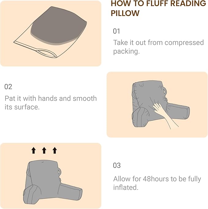 Portable Comfy Reading Pillows for Bed Sitting Up(Light Grey Oeko-Tex), Velvet Back Pillow with Arms & Pockets for Adults, Support Memory Foam Bed Pillow for Dorm/Reading/Watching/Gaming