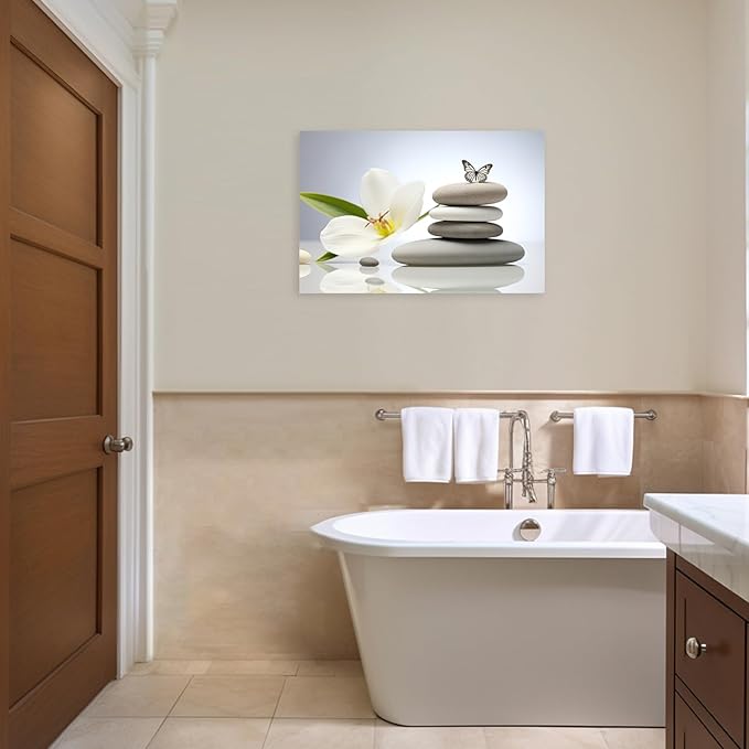 ARTZGX Zen Canvas Wall Art Spa Stones Picture Print Flower and Butterfly Painting Meditation Artwork Bathroom Yoga Decor Frame(Zen Flower - C 12.00" x 18.00")