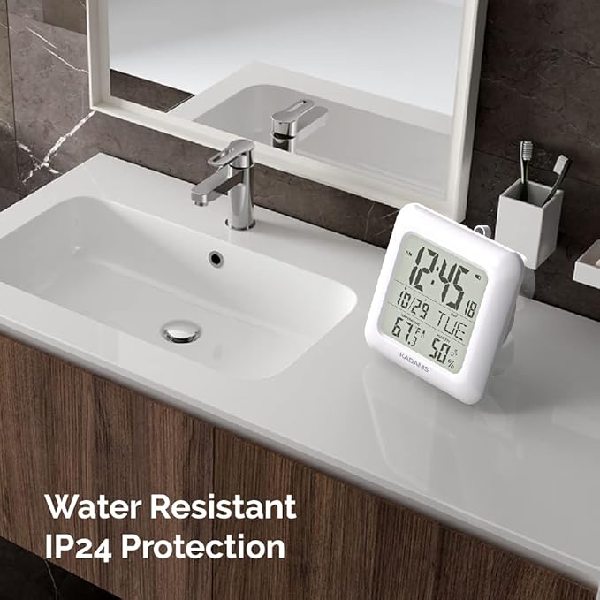 KADAMS Bathroom Clock 9.5" Kitchen Wall Clock with Large LCD Screen – Shower Clock with Suction Cup,Temperature, Humidity, Calendar – Water-Resistant, 4 Mounting Options, White