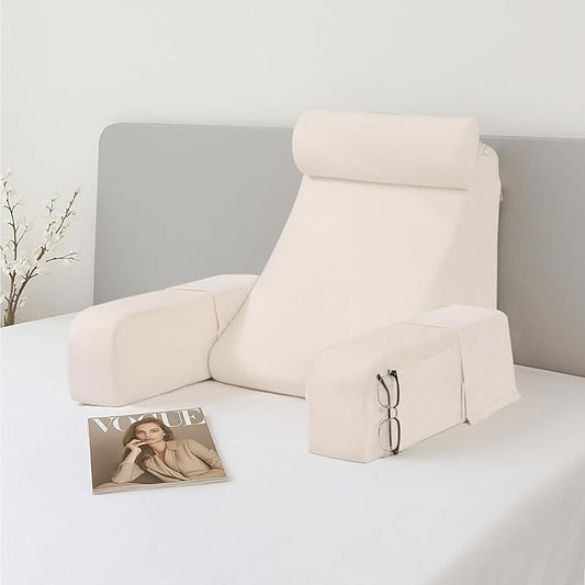 ENITYA 19" Back Pillow for Bed Sitting up, Big Pockets and Washable Removable Cover, Reading Chair for Watching TV/Reading/Gaming/Resting in Bed, Couch or Floor, Medium(Ivory)