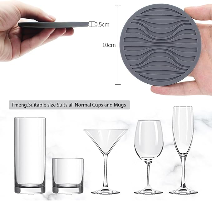 Silicone Coaster Set of 6 Pieces with Silicone Cup Holder,Drinking Coasters, Cup Mat for Drinks,Live for Hot or Cold Drink Thickened, Non-Slip, Non-Stick, Deep Tray Black (Grey)