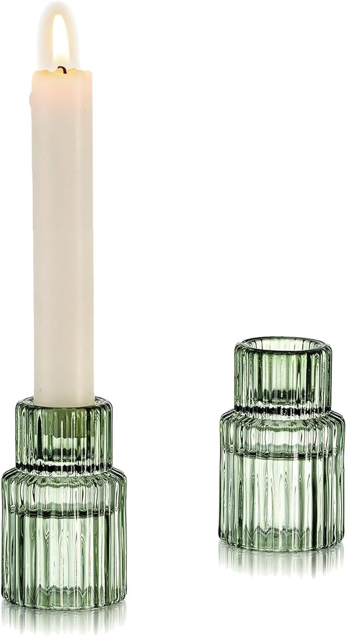 Glasseam Taper Glass Candlestick Holder: Green Candle Stick Holders Set of 2 Small Candle Holders for Candlesticks Vintage Crystal Tapered Candle Holder for Wedding Table Centerpiece Christmas Advent