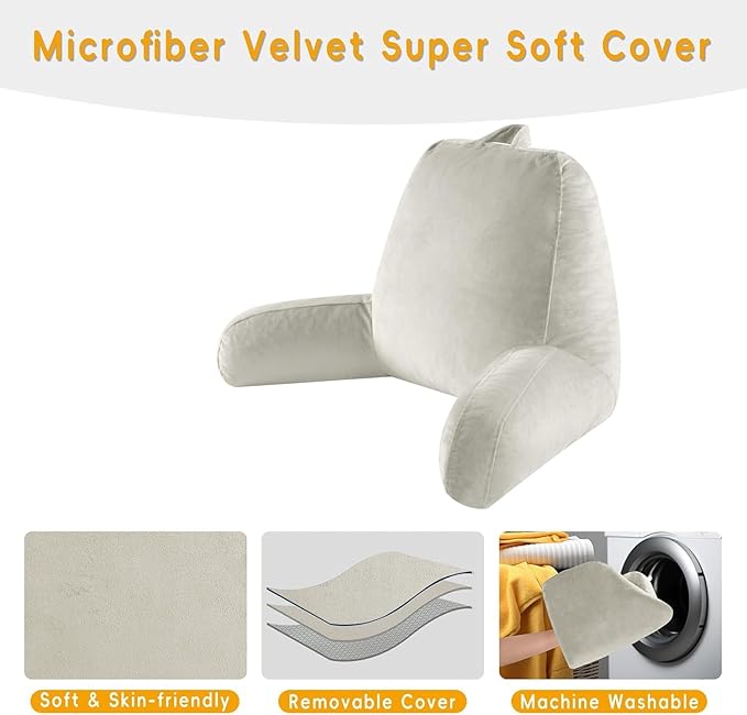 Reading Pillow for Sitting in Bed Adult, Reading Pillow with Shredded Memory Foam, Bed Pillow with Washable Cover, Back Pillow Sitting Up with Extend Arms, Beige, X-Large