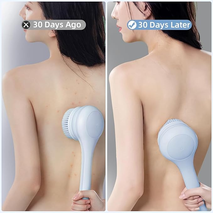Electric Body Brush Back Scrubber for Shower, Waterproof Long Dual Handle Power Body Scrubber with 3 Heads, Rechargeable Bath Brush & 2 Speeds, for Cleansing, Exfoliating and Massaging Skin