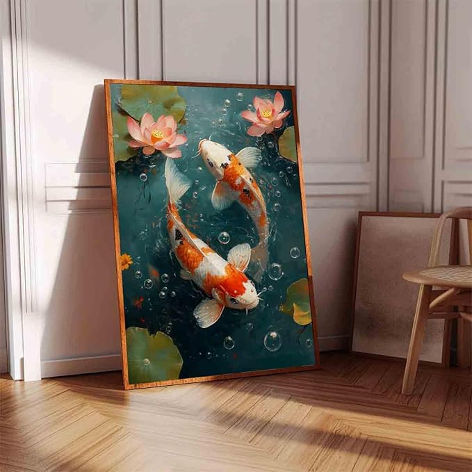Koi Fish Wall Art Chinese Style Painting Pink Lotus Pond Wall Art Carp Picture Koi Fish Artwork Good Luck Painting Traditional Chinese Modern Aesthetic Picture Living Room Decor 16x24inch No Frame