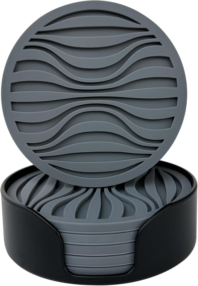 Silicone Coaster Set of 6 Pieces with Silicone Cup Holder,Drinking Coasters, Cup Mat for Drinks,Live for Hot or Cold Drink Thickened, Non-Slip, Non-Stick, Deep Tray Black (Grey)