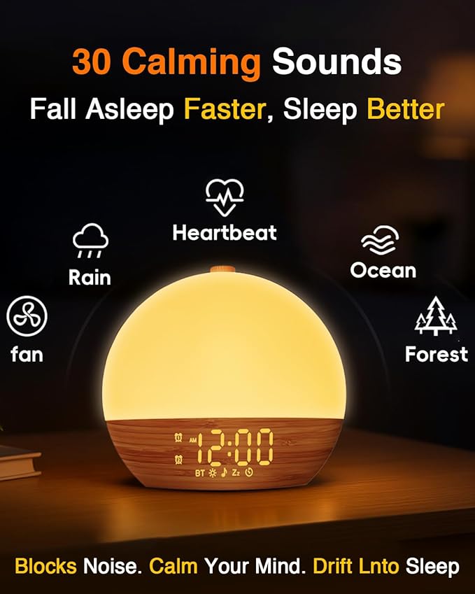 Sunrise Alarm Clock with Sound Machine - Wake Up Light, Wood Grain, Bluetooth, Dual Digital Alarm Clocks for Bedrooms, Adjustable Brightness, 30 Sleep Sounds, White Noise Machine for Baby & Adults