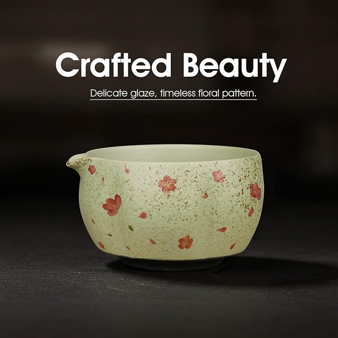 7-Piece Matcha Set with Ceramic Matcha Bowl, Bamboo Whisk (Chasen) & Holder, Sifter, Tea Scoop & Rest, Special Bamboo Tea Mat - Perfect Matcha Kit for Matcha Lovers & Gift Giving, Sakura