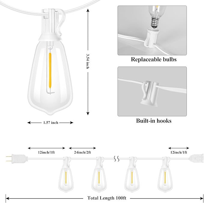 Brightever LED Outdoor String Lights,100FT Patio Lights with 52 Shatterproof ST38 Vintage Edison Bulbs 2700K Dimmable, Outside Hanging Light Waterproof for Porch Deck, Garden, Backyard, Balcony White