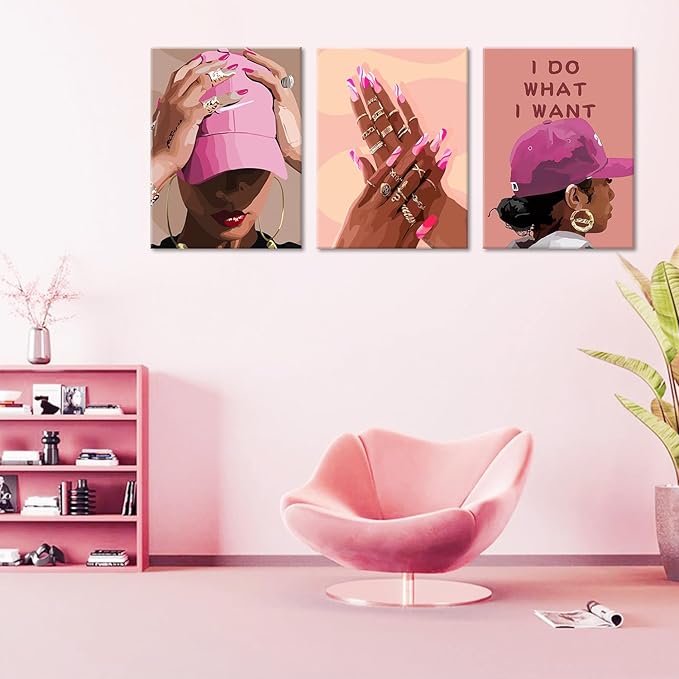 Black Girl Canvas Wall Art pink trend American Black Woman Posters Prints Wall Decor Pictures for Home Living Room Bedroom study Decoration,Framed16 x 24inches X3piece