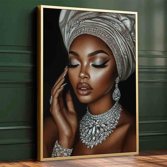 African American Wall Art Girl Black Woman Painting Fashion Poster Portrait Prints Painting Silver And Black Woman Portrait Wall Art Living Room Decor 16x24inch No Frame