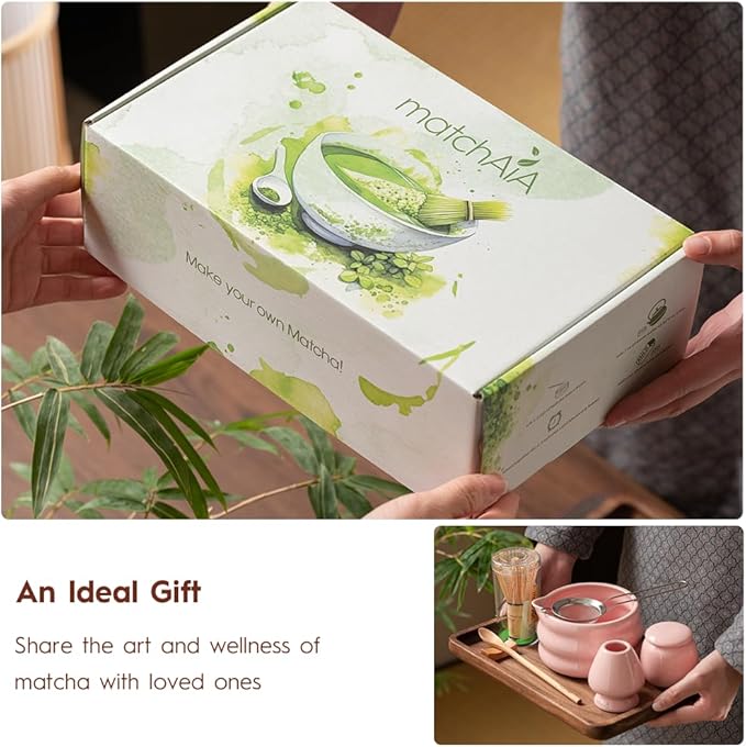 Matcha Whisk Set - Ceramic Bowl, Bamboo Whisk with Holder, Sifter, Schima Spoon, Spoon Rest and Tea Towel - 7 Pcs Complete Kit for Traditional Matcha and Modern Lattes (Pink)