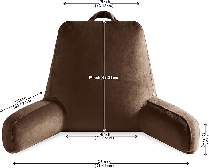 Reading Pillow for Sitting in Bed Adult, Reading Pillow with Shredded Memory Foam, Back Pillow for Bed Sitting Up with Extend Arms, Pockets, Bed Pillow with Washable Cover,Brown, X-Large
