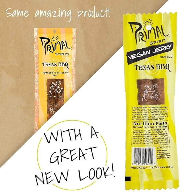 Primal Spirit Vegan Jerky – “Classic Flavor” – Texas BBQ, 10 g. Plant Based Protein, Certified Non-GMO, No Preservatives, Sports Friendly Packaging (24 Pack, 1 oz)