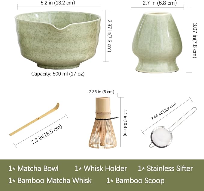 Matcha Set, Japanese Tea Set Includes Matcha Bowl with Spout, Matcha Whisk Holder, Bamboo Matcha Whisk and Bamboo Scoop, 17 oz Mottled Green Glaze Ceramic Matcha Kit for Tea Lovers