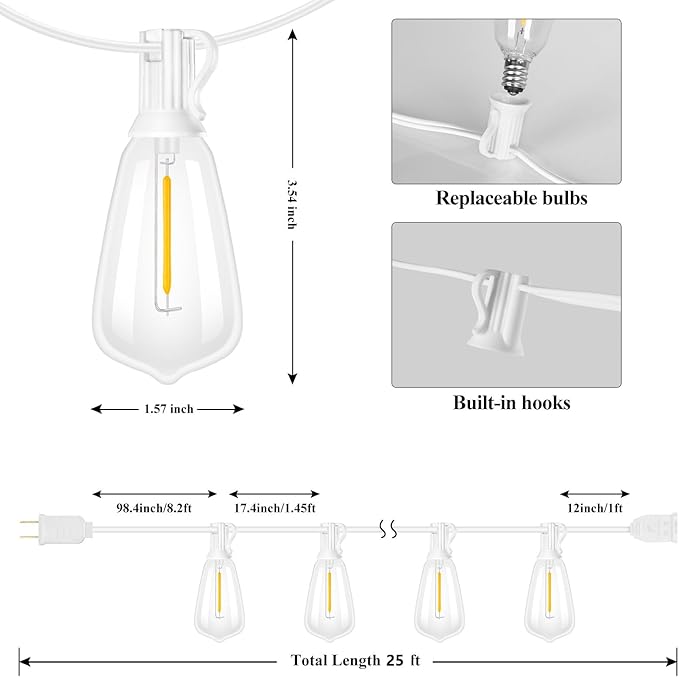 Brightever Outdoor String Light 25 FT, ST38 Patio Lights with 13 Edison Bulbs, Waterproof Connectable Hanging Lights for Backyard Porch Balcony Party Christmas Decor, E12 Socket Base, White