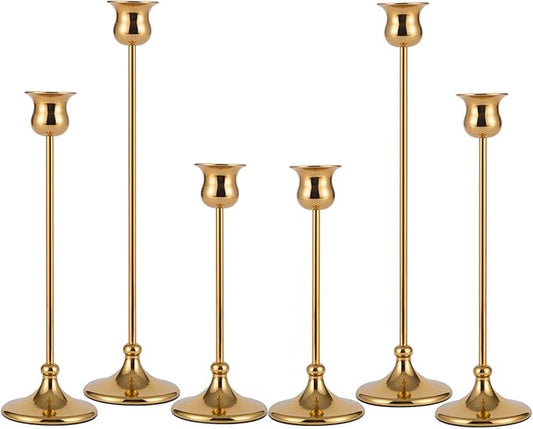 Taper Candle Holder Tall Vintage Metal Candlestick Holders Candle Stick Candelabra for Halloween Thanksgiving Christmas Holiday Wedding (Gold, 2 Sets (6 pcs))