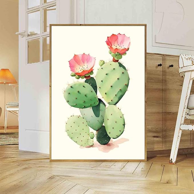 Cactus Flower Poster Western Desert Wall Art Pink Flower Painting Watercolor Flowers Picture Botanical Floral Prints Mexican Desert Art Abstract Cactus Canvas Living Room Decor 16x24inch No Frame