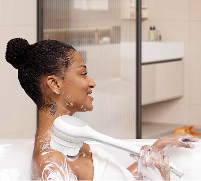 Electric Body Brush Back Scrubber for Shower, Waterproof Long Dual Handle Power Body Scrubber with 3 Heads, Rechargeable Bath Brush & 2 Speeds, for Cleansing, Exfoliating and Massaging Skin