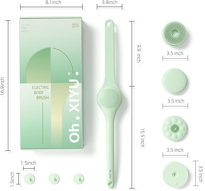 Electric Body Brush Back Scrubber for Shower, Waterproof Long Dual Handle Power Body Scrubber with 3 Heads, Rechargeable Bath Brush & 2 Speeds, for Cleansing, Exfoliating and Massaging Skin