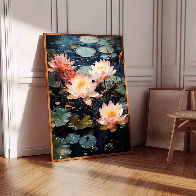Pink Lotus Painting Zen Lotus Picture Water Lilies Painting Pink Flower Artwork Summer Flowers Picture Summer Landscape Canvas Zen Meditation Art Water Lily Poster Living Room Decor 16x24inch No Frame