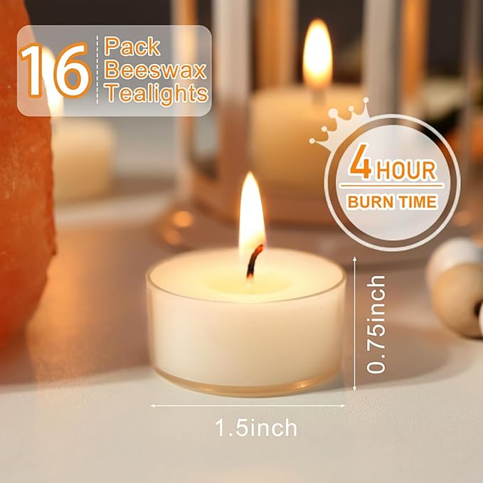 Natural Beeswax Tealight Candles White, 16 Packs, Pure Beeswax Tea Candles in Clear Cup, Organic Ivory Small Tea Light Candles with 4 Hours Clean Burn Time, Soy, Paraffin, & Fragrance Free