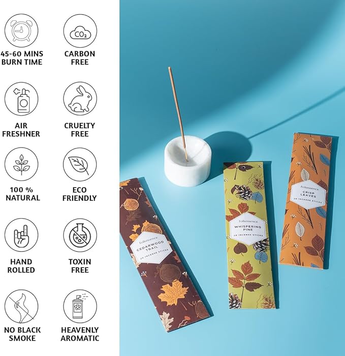 Folkulture Incense Sticks with Holder | Set of 6 (120) Fall Insence-Sticks with 45 Min Burn Time | Cedarwood, Amber Incenses | Organic, Non Toxic Fall Scents | Inscent-Stick or Fall Essentials