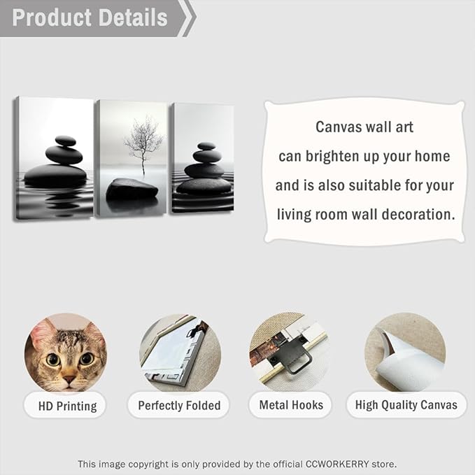 CCWORKERRY 3PCS Zen Stones Canvas Wall Art Black and White Zen Stone Painting Calming Meditation Wall Decor for Yoga Studio Office Spa Bathroom (white,11W x14L x3)