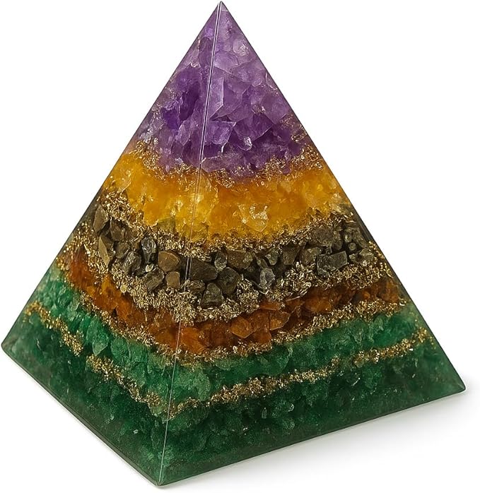 Money Magnet Pyramid with Amethyst, Citrine, Pyrite & Tiger Eye Stones – Crystal Healing Pyramid for Wealth, Abundance, Positive Energy, Reiki, Meditation & Home Décor