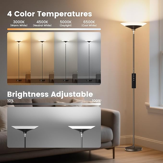 Torchiere Floor Lamp - 72" Tall LED Standing Lamp with Remote/Button Control, 1800Lm, 3000-6500K, 30W Dimmable Modern Corner Floor Light for Living Room Bedroom Office Apartment, Black