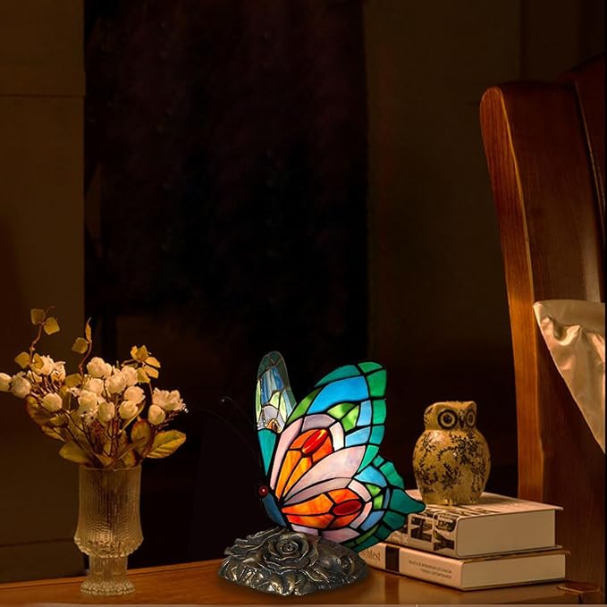 Bedside Table Lamp LED Tiffany Blue Fairy Butterfly Nightstand Table Lamps Stained Glass Shade ON Off Switch Home Office Desk Lamp Night Light Girl Grandma Mothers Day Gifts W/Gift Box