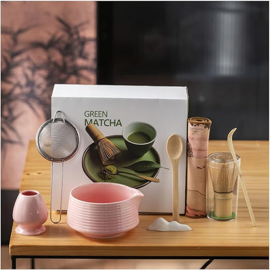 8 Pcs Matcha Whisk Set, Ceramic Matcha Whisk Holder, Ceramic Bowl with Spout, Matcha Ceremony Accessory, Home Kitchen Decor Tea Gifts for Birthdays, Halloween and Christmas (Pink)